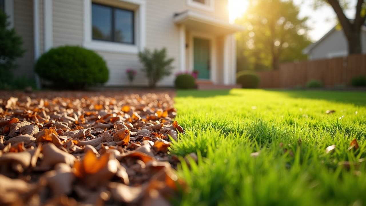 Before and after of a yard — overgrown in winter, clean and mulched in spring with colorful beds
