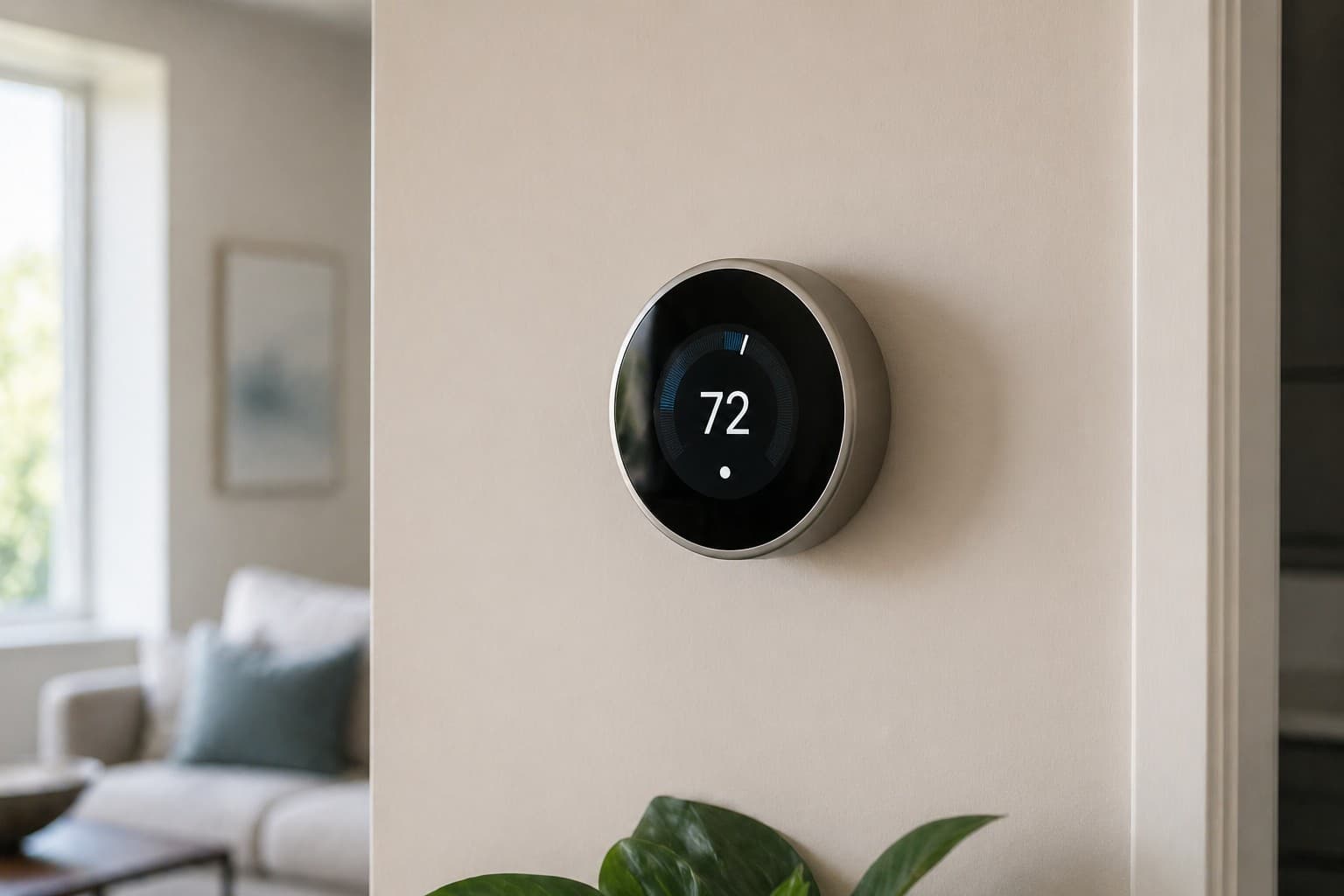 Smart thermostat mounted on a beige interior wall in soft natural daylight