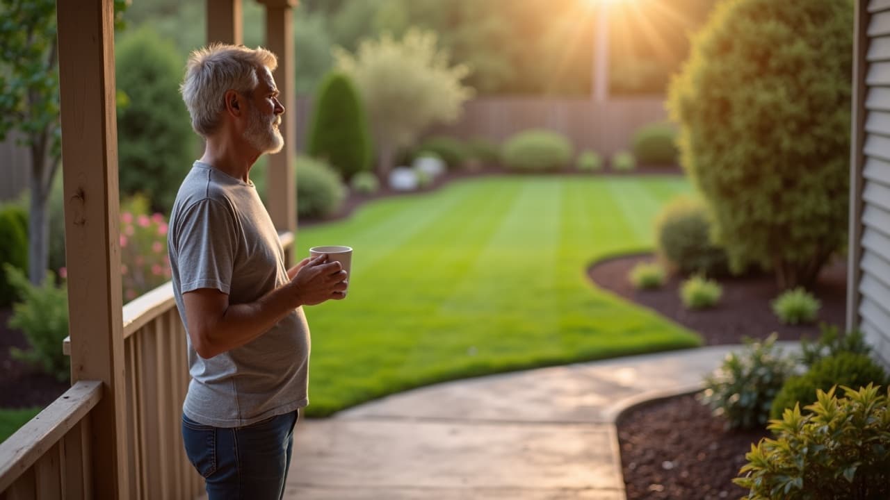 Homeowner on their porch in the morning with coffee, looking at a freshly landscaped yard
